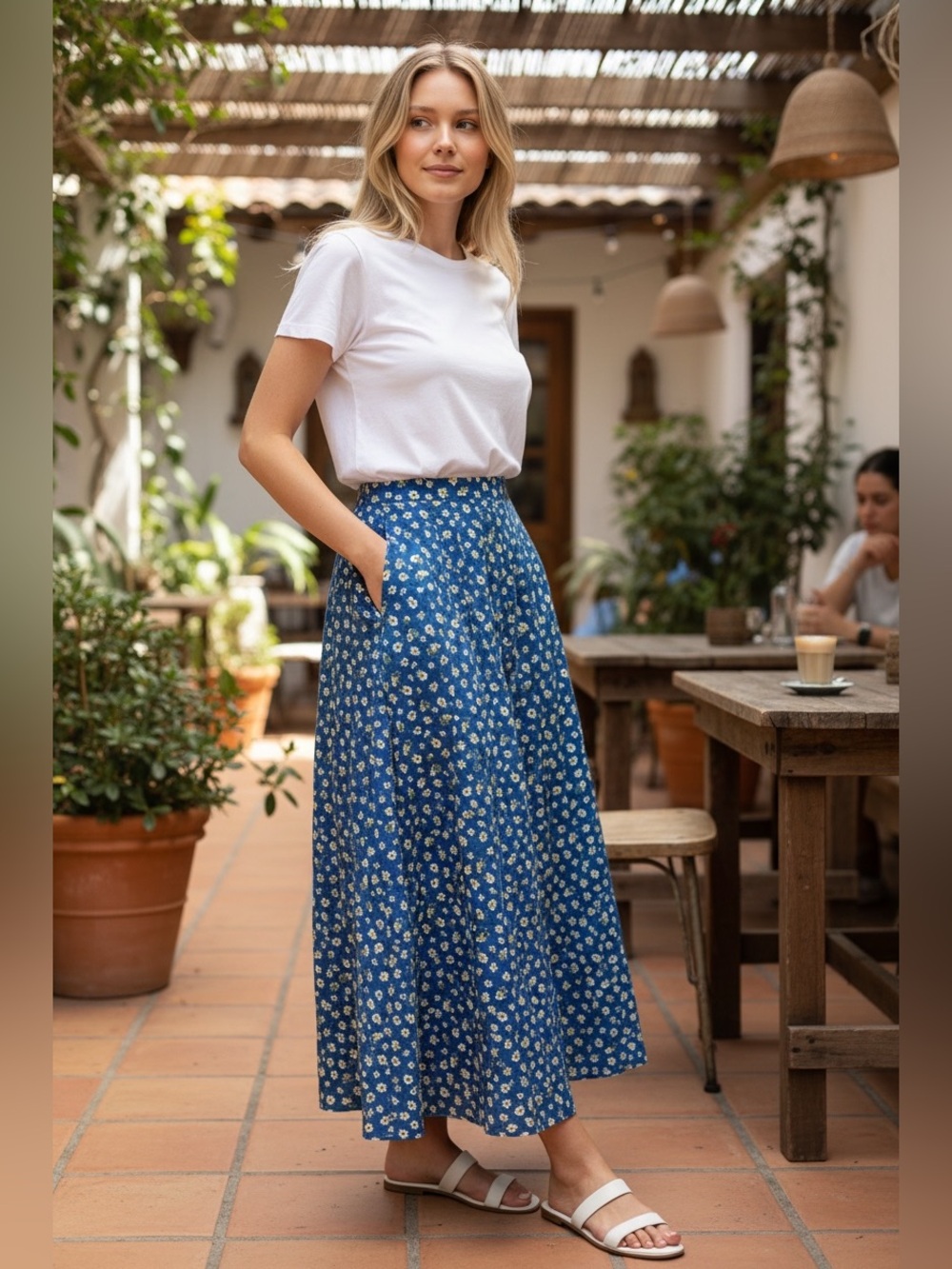 Forever 21 Blue Maxi Skirt with Yellow Floral Print
